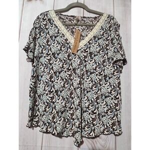 Susan‎ Lawrence Woman 2X Floral Paisley V-Neck Lace Trim Top Brown Blue NWT